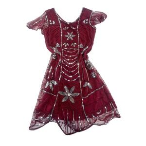 Flapper Dress Burgundy Beaded Sequin Sleeveless Party Cocktail‎ Dress XXL
